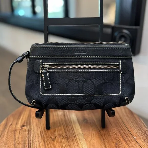 Coach Signature C Black Jacquard Wristlet Clutch — Detachable Strap, Zip-Top - Picture 2 of 9